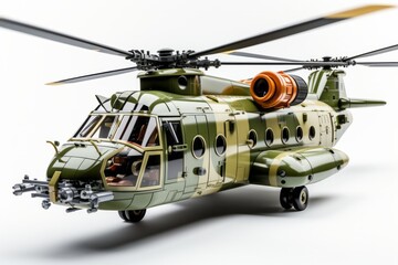 Toy military helicopter in flight, symbolizing the power of aviation with simplicity and elegance, on isolated on white background, Generative AI