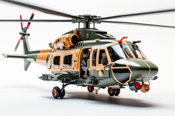 Toy military helicopter in flight, symbolizing the power of aviation with simplicity and elegance, on isolated on white background, Generative AI