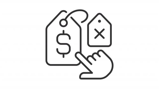 2D black creative thin line animation of hand choosing label icon, HD video with transparent background, seamless loop 4K video representing comparison icons.