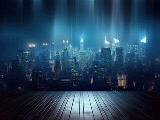 Wooden balcony background with empty space with blurred backdrop, beautiful illuminated cityscape at night.