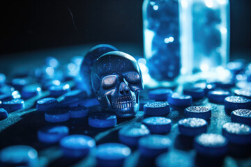 A skull with ecstasy pills or tablets with mdma on a dark background