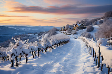 Vineyards during winter season, snow covered landscape.