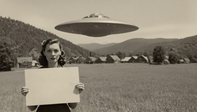 Woman holds sign as UFO beams down on 50s city.