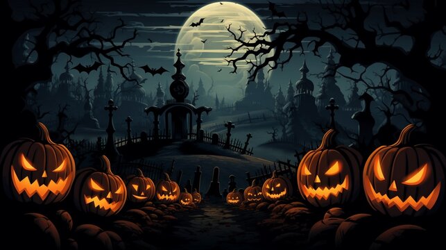 A haunting vector masterpiece depicting the spookiness of Halloween night, complete with pumpkins and a swarm of bats under an eerie