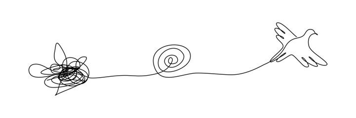 Continuous line art of a  tangled rope and a bird, mental health concept, hand drawn line vector.