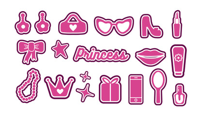 Popular pink collection for girls. heart, shoe, star, lipstick, glass, crown. logo, sticker, individual elements on a white background. for print, banner, postcard. vector art barbie