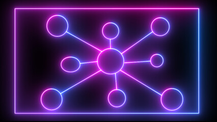 Glowing neon molecular structure sign. Medical studies of molecular structures. 3D illustration of a molecule model in neon light