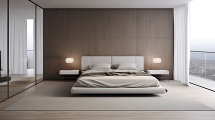 
modern bedroom in minimalist style. Design and decor of a modern bedroom. White, soft tones.