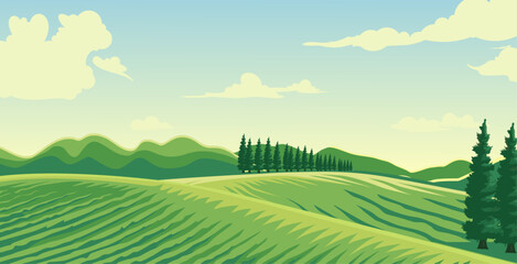 vector plantation design with trees and green grass on beautiful mountains background 