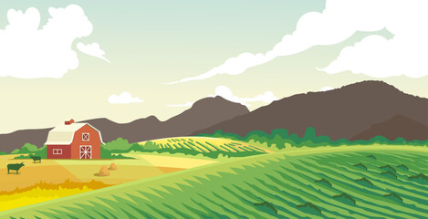 vector plantation design with green pastures and farm animals on beautiful mountains background  - obrazy, fototapety, plakaty
