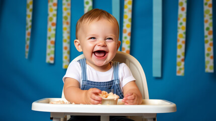 Small happy baby boy smiles and sits at the table. Concept of healthy kids food. Blue background. Ai generative illustration
