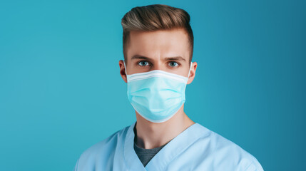 Doctor in face mask standing over blue background. Concept of healthcare and medical treatment. Med Insurance. Ai generative