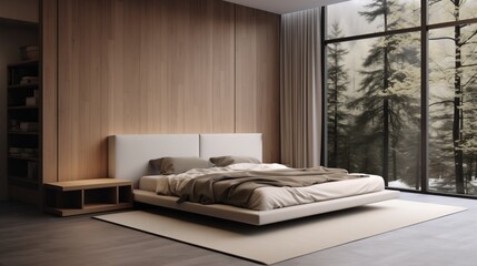 
modern bedroom in minimalist style. Design and decor of a modern bedroom. White, soft tones.