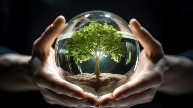 Hands holding a tree enclosed in glass ball. Environmental and sustainability concept