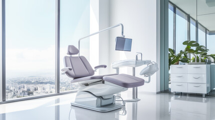 Grey dentist chair in office room. Concept of healthcare. Ai generative.