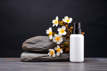 white face cream with stone composition. Cosmetic template cream aroma soap displayed on podium. Presentation concept. Commercial mock up. Ai generative