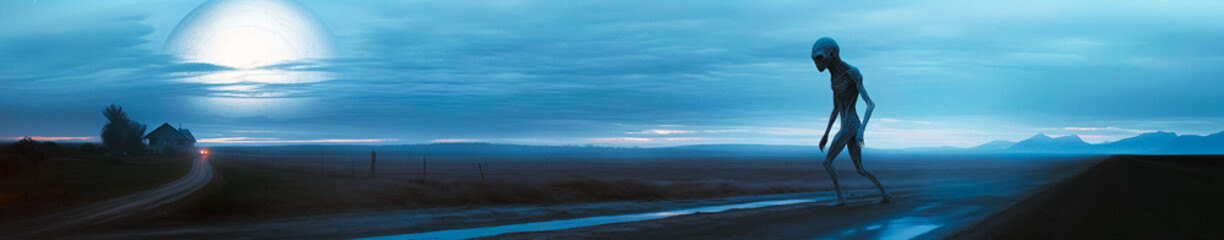 Fototapeta na wymiar Enigmatic Extraterrestrial Encounter Mysterious Alien on a Deserted Road at Dusk Embarking on an Intriguing Journey Panorama photo 