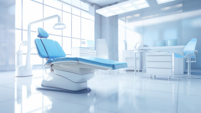Dental office interior with chair and panoramic window. Modern clinic. Ai generative