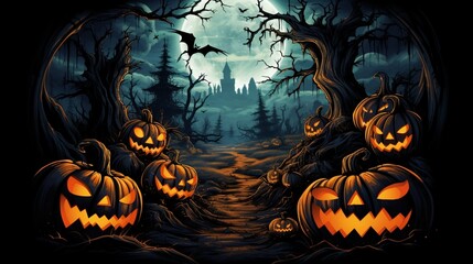 A vector masterpiece capturing the essence of Halloween night, featuring pumpkins and an army of bats under a spooky