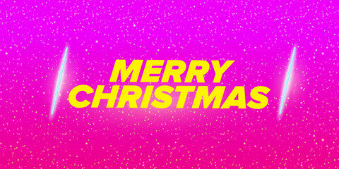 Merry Christmas horizontal banner with neon greeting text on pink night sky background. Merry Christmas flyer, card or invitation with starry space and text