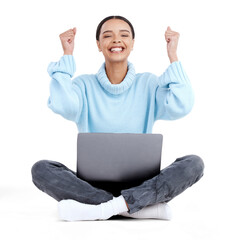 Happy woman, laptop and fist in celebration for winning isolated on a transparent PNG background....