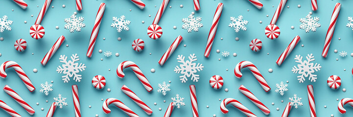 Christmas Seamless Pattern with Candy Canes, Snowflakes, and Snowballs on a Blue Background, Christmas decoration Pattern with Candy Canes, 