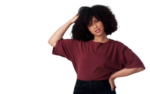 Portrait, thinking and woman confused, question and solution isolated against a transparent background. Female person, decision or model with problem solving, doubt and why with png, choice and ideas