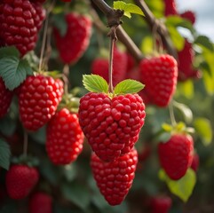 Fresh raspberries hanging from a tree