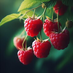 Fresh raspberries hanging from a tree
