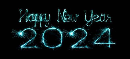 2024 happy new year fireworks celebration written sparkling at night