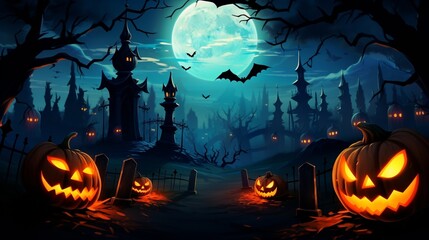 An intricately designed vector scene of a Halloween night, featuring glowing pumpkins and a sky filled with bats, all