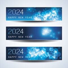 Fototapeta na wymiar Set of Sparkling Shimmering Ice Cold Blue Horizontal Christmas, Happy New Year Headers or Banners for Web, Vector Design Template - 2024