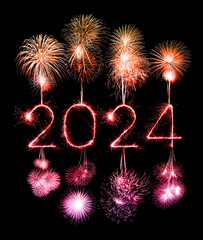 2024 happy new year fireworks celebration written sparkling at night
