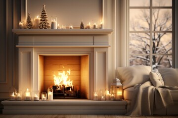 Cozy fireplace, inspiring warmth and togetherness during the holiday season in a minimalist design, on isolated on pastel background, Generative AI