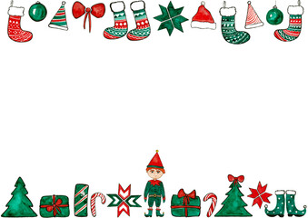 Horizontal frame. Above and below background are different Christmas elements. Red, green with black outline. Christmas trees, gifts, lollipops, Elf, gift socks, ornaments, bows, Santa and elf hats.