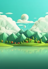 Schilderijen op glas Cartoon style landscape with grass and clouds Created with generative Ai © Sanuar_husen