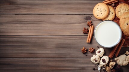 Fototapeta na wymiar Cookies and milk. copyspace and top view for background.
