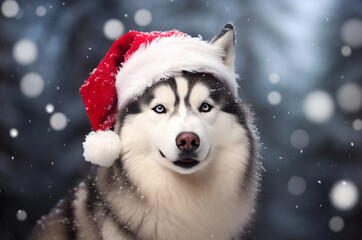 Husky wearing a Santa hat. Christmas Husky. Husky in winter