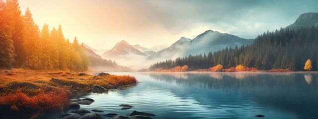 Colorful morning landscape of misty lake and mountains at sunrise. Beautiful autumn panoramic view....