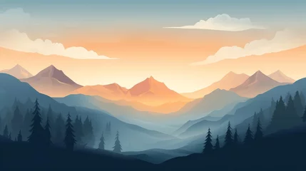 Papier Peint photo autocollant Himalaya Beautiful mountain landscape at sunrise. Stunning foggy landscape of mountains and forest silhouettes. Great view for the background. Vector illustration