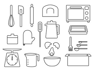 シンプルなキッチンツールの線画アイコンセット
