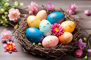 Obraz na płótnie Canvas Colorful Easter eggs in a nest with a flower. Holiday in the spring season