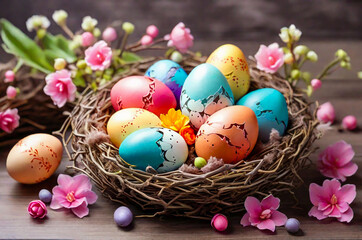 Fototapeta na wymiar Colorful Easter eggs in a nest with a flower. Holiday in the spring season