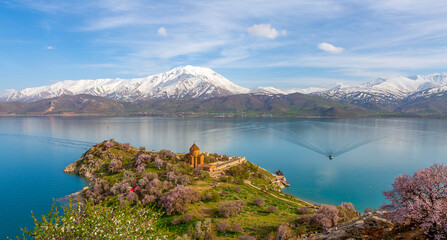 Akdamar Island in Van Lake. The Armenian Cathedral Church of the Holy Cross - Akdamar, Turkey