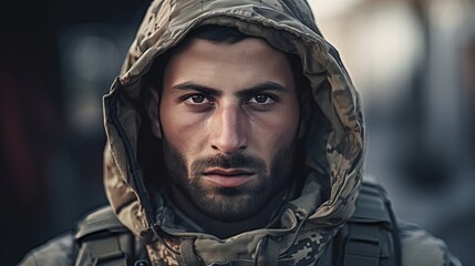 Fototapeta premium Portrait of a man in a military jacket with a hood. Generative Ai.