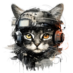 Futuristic cute tiny cat with flat 2d illustration of multilayered abstract collages style, headphone Featuring Futuristic Technology Concept Isolated on a Transparent Background