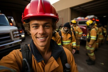 Smiling rescue worker takes a selfie in front of colleagues while wearing a bright red helmet after successful mission