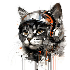 Futuristic cute tiny cat with flat 2d illustration of multilayered abstract collages style, headphone Featuring Futuristic Technology Concept Isolated on a Transparent Background