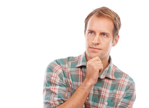 Thinking, idea and portrait of a man calm and wondering a decision isolated in a transparent or png background. Choice, solution and thoughtful male person planning with focus and brainstorming