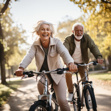 Cheerful active senior couple with bicycle in public park together having fun lifestyle. Perfect activities for elderly people. Happy mature couple riding bikes, bicycles in park .Generative AI